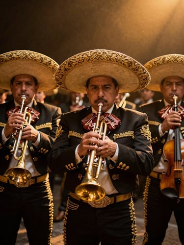 Medium shot of a premium Mexican mariachi ensemble in black and gold charro suits, holding shiny trumpets and violins under warm golden spotlight, rich dark background, high contrast editorial photography, 35mm