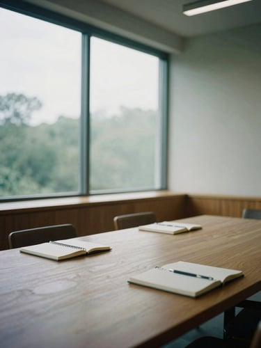 An empty wooden boardroom with large minimalist windows, soft overcast daylight streaming in, an oak table with physical notebooks, medium format film style