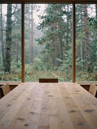 Wide environmental shot of an empty wooden boardroom with large minimalist windows overlooking a misty pine forest, soft diffused overcast daylight, muted forest greens.