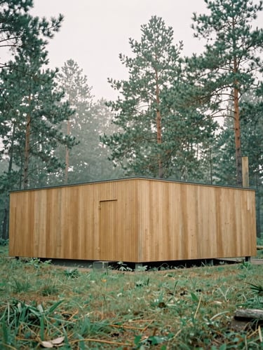 Wide environmental shot of a minimalist wooden architectural sanctuary nestled in a misty pine forest, soft overcast daylight, medium format film style