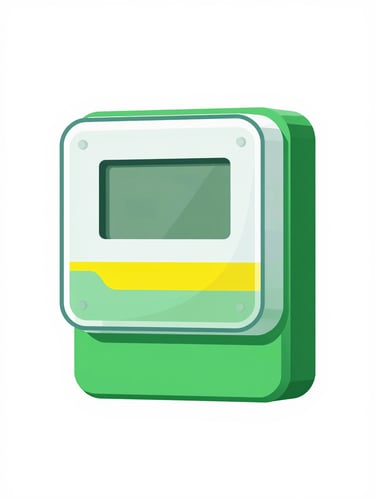 A clean vector illustration of a modern digital electricity meter with green and yellow accents, minimalist utility aesthetic, high-key lighting