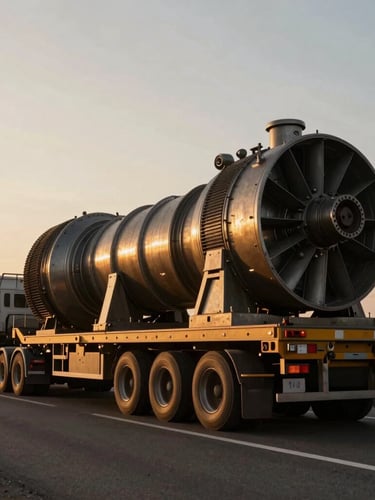 Low-angle wide shot of a massive multi-axle hydraulic trailer carrying a 100-ton industrial turbine on a highway at golden hour, deep steel and amber tones, cinematic industrial photography.