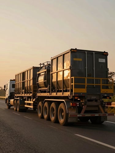 Low-angle cinematic shot of a massive multi-axle trailer carrying industrial equipment on an Indian highway at golden hour, deep amber tones, 35mm