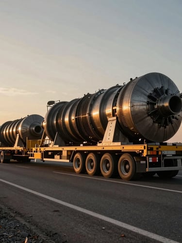 Low-angle wide shot of a massive multi-axle hydraulic trailer carrying a 100-ton industrial turbine on an empty highway during golden hour, cinematic industrial photography, deep steel and amber tones.