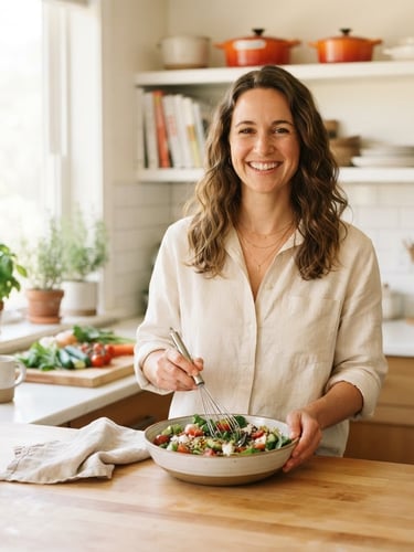 A smiling woman standing in a bright home kitchen, natural window light, warm optimistic tones, shallow depth of field, 50mm lens.