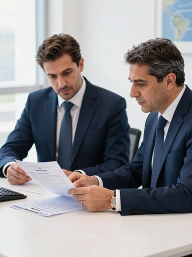 Bright professional Istanbul office, certified advisors in deep navy suits reviewing official Turkish residency documents on a clean white desk, natural daylight, sharp focus, corporate editorial photography