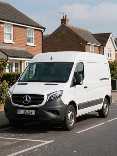 A clean, unmarked white service vehicle parked quietly on a suburban UK residential street during bright daylight, showcasing discreet professional response.