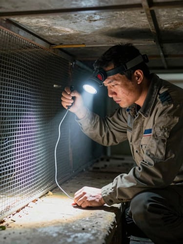 Action-oriented medium shot of a uniformed pest control technician installing heavy-duty steel mesh inside a low-lit crawlspace, focused headlamp beam illuminating the work area, clinical and precise.