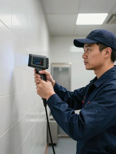 A professional pest control technician in a clean, dark blue uniform using a thermal imaging camera to scan a commercial kitchen wall, bright clinical lighting, side profile.