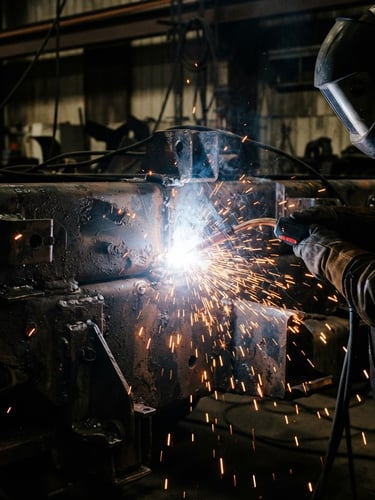 Close-up of a high-contrast industrial welding arc on a heavy-duty truck chassis, safety-orange sparks flying, dark metallic textures, sharp focus, 35mm