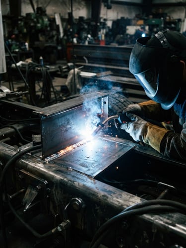 Dramatic welding arc light reflecting off a heavy-duty truck chassis, sharp focus on a clean structural weld bead, gritty industrial photography style, 35mm.