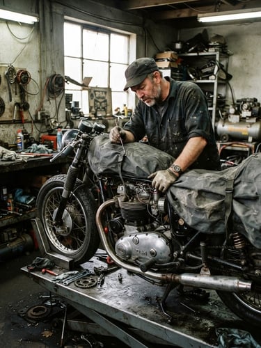 Gritty workshop interior, a mechanic inspecting a certified pre-owned motorcycle engine with a custom monsoon-ready textile cover draped over the seat, high-contrast garage lighting, sharp detail, industrial charcoal and safety orange tones, 35mm lens.