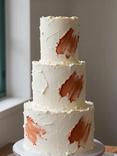 Editorial food photography of a minimalist, multi-tiered sculptural cake with textured white buttercream and organic terracotta brushstrokes, soft natural window light, elegant shadows, neutral background.