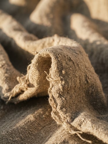 Extreme close-up of heavy-weight unrefined linen fabric folds, warm low-angle afternoon sunlight casting soft shadows, tactile macro fiber texture.