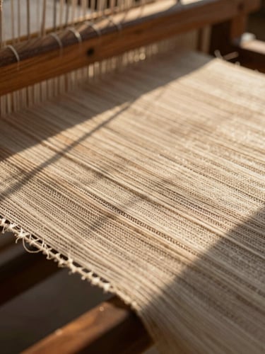 Extreme close-up of a heavy linen weave on a dark wooden loom, warm afternoon sunlight catching the textured fibers and loose threads, shallow depth of field.