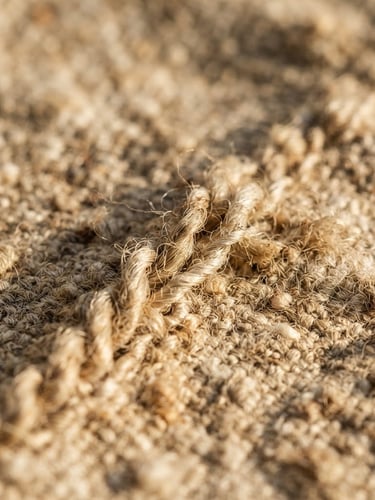 Macro close-up of heavy-weight unrefined oatmeal linen fabric, detailed raw weave texture, warm low-angle afternoon sunlight casting soft shadows