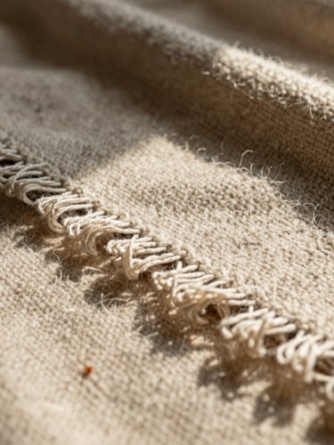 Macro detail of hand-finished frayed edges on raw wool blanket, low-angle afternoon sunlight, shallow depth of field, warm editorial photography.