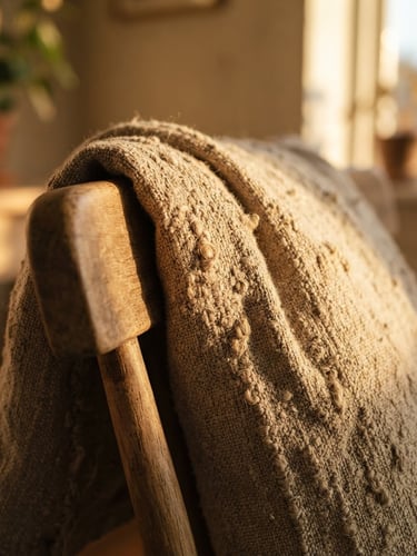 Extreme close-up of heavy-weight unrefined linen pillow cover draped over a minimalist wooden chair, warm low-angle afternoon sunlight casting long shadows.