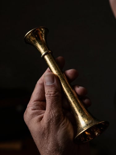 Extreme close-up of a master craftsman hands holding a brass wind instrument mouthpiece, dramatic chiaroscuro lighting, rich metallic textures, dark moody studio background