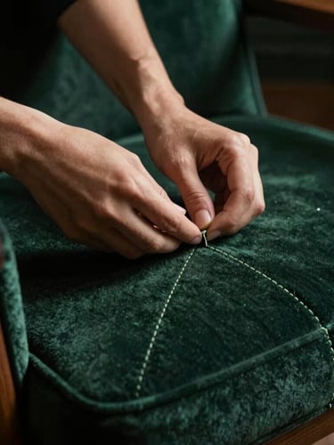 Extreme close-up of hands hand-stitching deep green velvet upholstery on a classic mid-century lounge chair, dramatic side lighting, rich textures, cinematic
