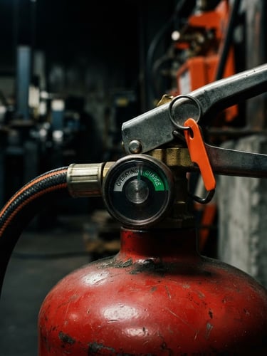 dark moody technical photography, high-contrast orange safety accents, close-up of a red fire extinguisher pressure gauge showing green zone, dramatic low-key lighting, 50mm