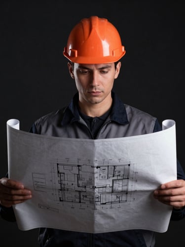 dark moody portrait of a technical building inspector holding architectural blueprints, low-key lighting, orange safety helmet visible, professional and authoritative style, 50mm
