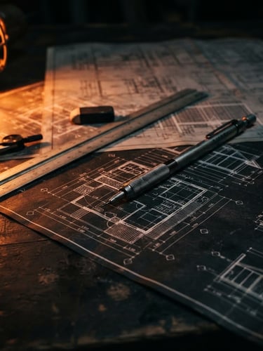 Macro shot of technical architectural blueprints on a dark table, focused on a mechanical pencil and drafting tools, high-contrast warm orange safety light from the side, 50mm