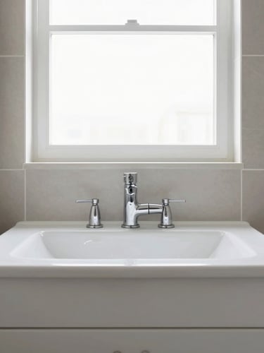 Straight-on architectural photograph of a modern bathroom vanity, flawless neutral tiling joints, bright natural window light, sharp focus, 35mm lens