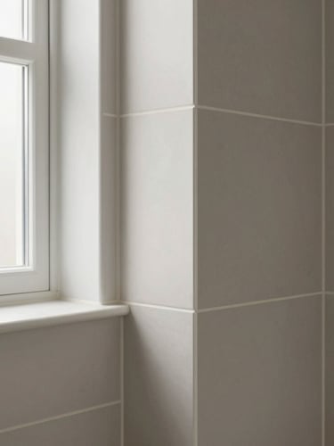 Straight-on architectural detail shot of flawless mitred tiling joints in a newly renovated neutral-toned bathroom, bright natural window light, sharp focus.