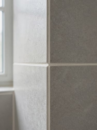 Macro detail shot of flawless mitred tiling joints on a neutral grey porcelain wall, clean grout lines, bright natural daylight, sharp focus.