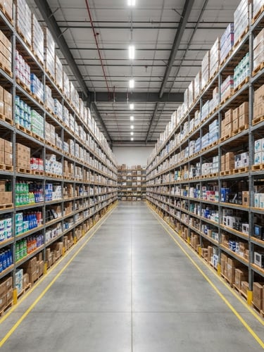 Wide shot of a modern, organized warehouse with high shelves stacked neatly with various packaged household goods, bright commercial lighting, clean aisles, no people visible, professional logistics aesthetic.