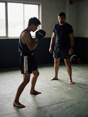 A teenage kickboxer training on a clean tatami mat under high-contrast window light, coach supervising in the background, raw gym interior, 35mm.