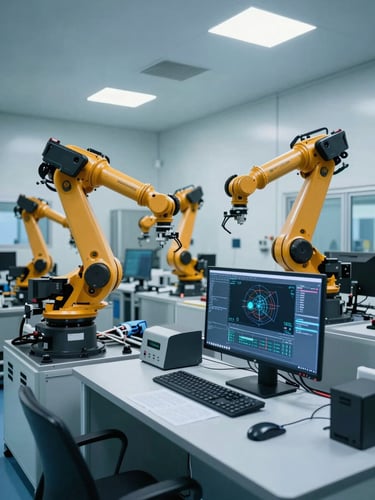 Wide-angle clean-room engineering bay inside an automotive facility, robotic arms in the background, a modern workstation with CAD schematics on screen, cool blue lighting.