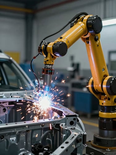 A close-up, high-contrast photograph of a robotic arm welding an automotive chassis, bright safety sparks flying, cool-toned industrial background.