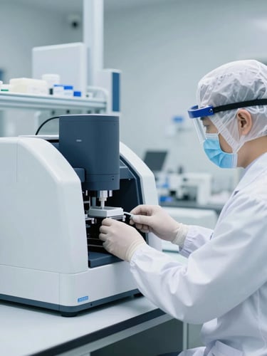 A scientist in a white lab coat and protective gear operating a high-precision liquid chromatography machine in a sterile modern laboratory, bright daylight, 35mm