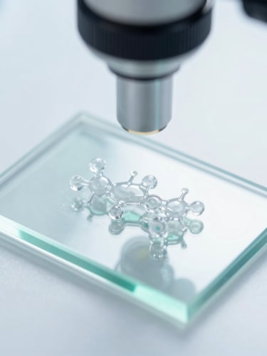 Close-up macro shot of a crystalline molecular structure on a glass slide under a microscope, sterile lab environment, high-key lighting, sharp focus, 35mm.