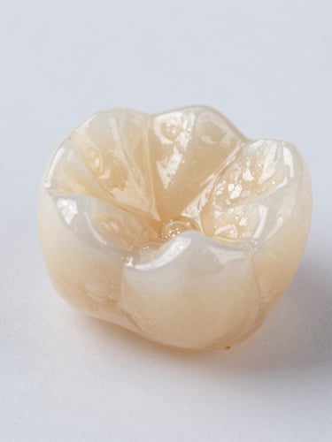 Extreme macro studio photography of a translucent zirconia dental crown, warm side lighting highlighting the hand-finished ceramic texture and precise margins, clean slate background.