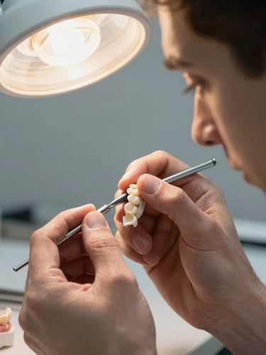 Side profile of a master dental technician hand-painting a ceramic prosthetic under a warm workspace lamp, focused expression, precise movement