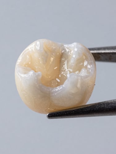 Macro product photography of a translucent zirconia crown held by dental tweezers, warm studio lighting highlighting the precise ceramic margins, clinical depth of field