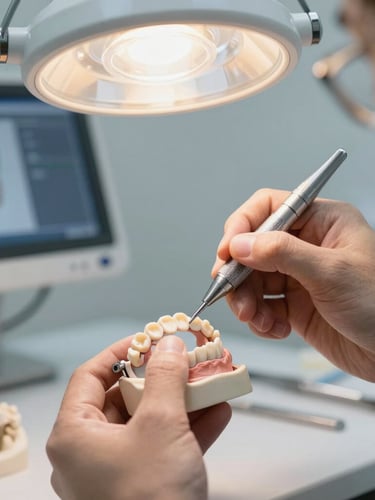 A master dental technician hand-painting a ceramic bridge under a warm task light, precision tools and digital screens visible in the soft-focus clinical background.
