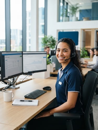 A professional customer support representative in a bright, modern office with natural daylight, smiling, wearing a headset, clean blue and white tones