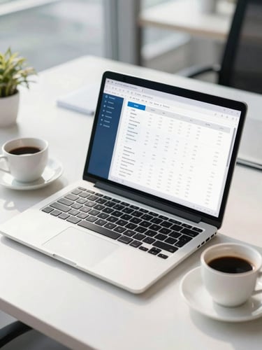 A clean, modern desk setup with a laptop showing a simplified utility chart, a cup of coffee, and natural morning light, professional editorial style