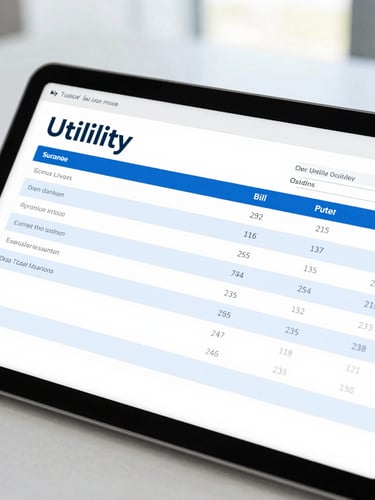 A close-up of clean digital interfaces showing a utility bill schedule on a tablet, bright natural office lighting, professional editorial style.