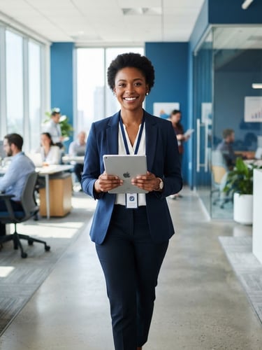Approach of a friendly customer service professional holding a tablet in a bright, modern office with natural daylight, clean blue accent walls.