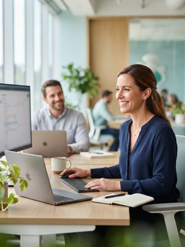 Approachability focused support representative in a bright office environment, natural daylight, soft blue and green tones, sharp focus, professional editorial.