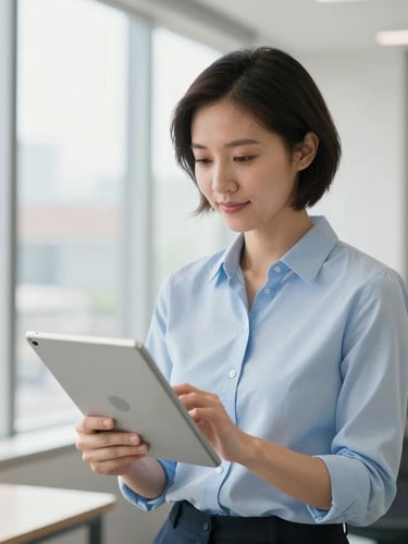 A professional female advisor in a bright Spartanburg office environment, looking at a tablet, soft natural daylight, professional editorial style.