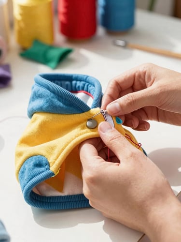 Close-up of hands sewing a small colorful pet hoodie in a bright, sun-drenched workshop, fabrics and threads visible in the background, warm daylight, 35mm