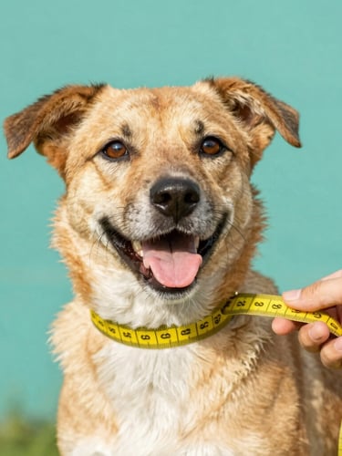 Bright cheerful pet photography, close-up of a happy mixed-breed dog being gently measured with a yellow tape measure, soft warm daylight, vibrant teal background, shallow depth of field
