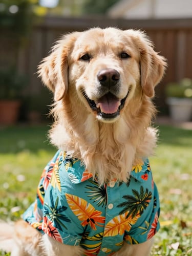 Eye-level shot of a happy golden retriever wearing a colorful tropical shirt in a sun-drenched backyard, bright natural daylight, 35mm photography.