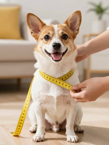 A happy small dog sitting patiently while a person gently uses a soft yellow measuring tape around its chest, bright warm natural daylight, cozy home background
